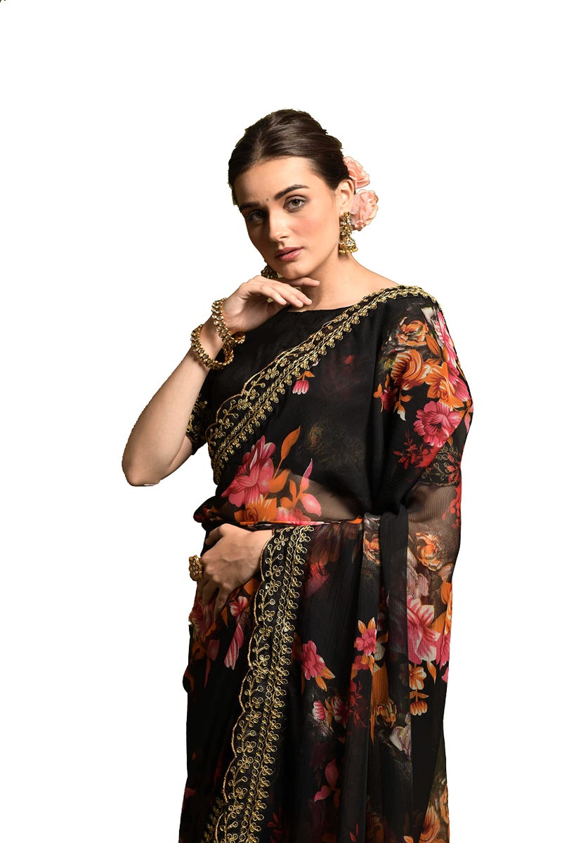 Dwiza Enterprise Women Georgette Floral Print Embroidered Sequin Work Lace Saree With Unstitched Banglori Satin Blouse Piece (Black) - Image 1