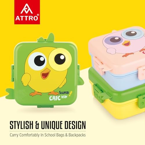 ATTRO Festive Super Birdy Lunch Box 2 Layer Plastic Lunch Box Comes with 1 Detachable Tray, 1 Small Container & 1 Spoon Ideal for Kids BPA Free 1590ml+70ml- Green - Image 3