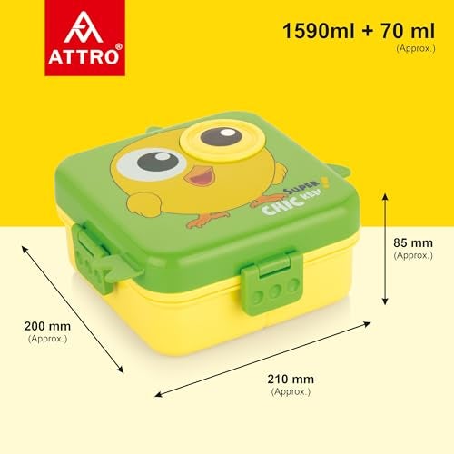 ATTRO Festive Super Birdy Lunch Box 2 Layer Plastic Lunch Box Comes with 1 Detachable Tray, 1 Small Container & 1 Spoon Ideal for Kids BPA Free 1590ml+70ml- Green - Image 2