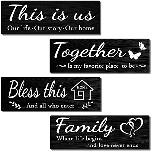 IDATOO 4 PCS Home Wall Decor Signs, Rustic Wooden Living Room Hanging Decorations with Quotes THIS IS US/TOGETHER/BLESS THIS/FAMILY, Housewarming Gifts for Wedding Kitchen - Image 1