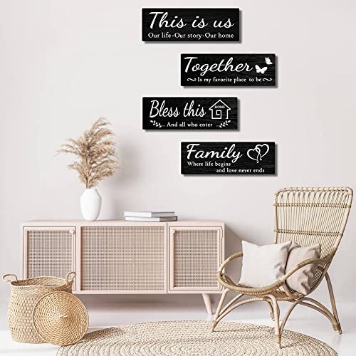 IDATOO 4 PCS Home Wall Decor Signs, Rustic Wooden Living Room Hanging Decorations with Quotes THIS IS US/TOGETHER/BLESS THIS/FAMILY, Housewarming Gifts for Wedding Kitchen - Image 4