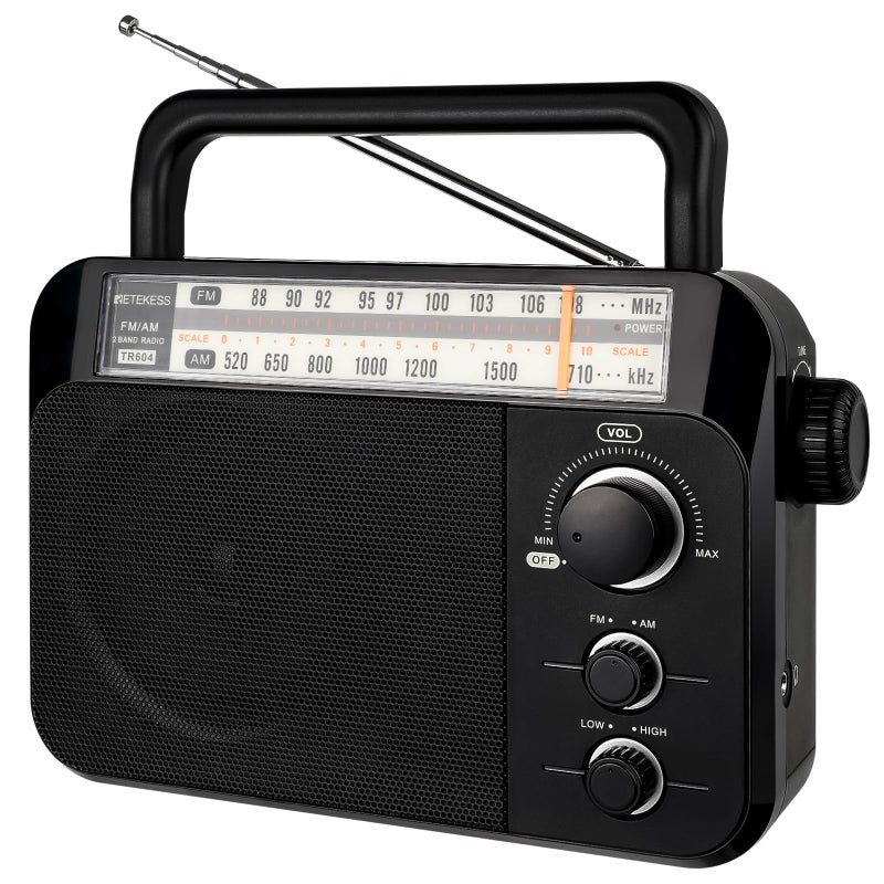 Retekess راديو ريتكيس TR604 AM FM، راديو محمول يعمل بالكهرباء، يعمل ببطارية D، قرص كبير، وضع نغمة عالية/منخفضة، مكبر صوت كبير، مدخل سماعة، للاستخدام في المنزل، النزهات، كبار السن - Image 1