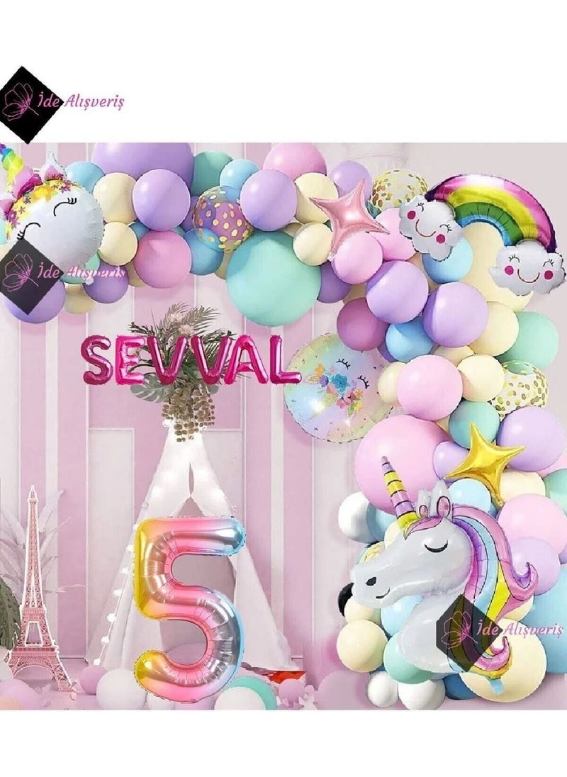 Store 6 Letter 5 Year Old Rainbow Concept Unicorn Themed Macaron Balloon Birthday Party Celebration Set  - Image 1
