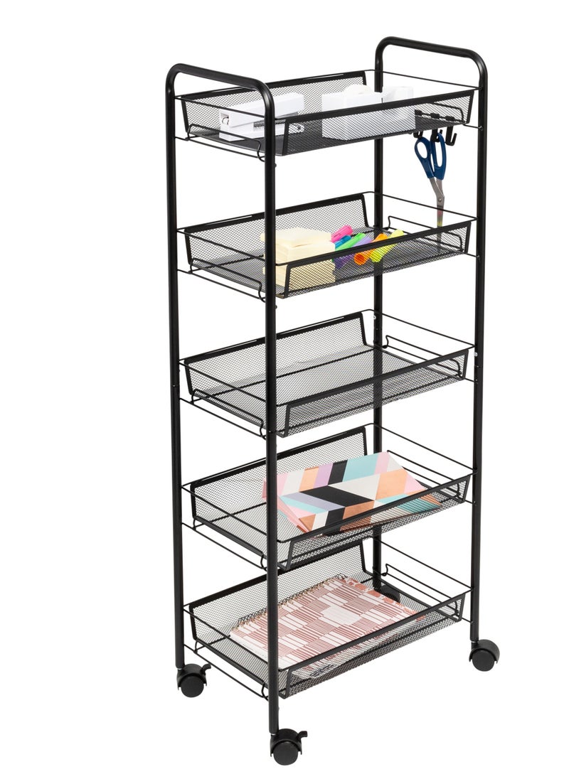 BestStore - 5-Tier Kitchen Storage Basket for Fruit Vegetables and Snacks. Metal Trolley Organizer With Lockable Wheels and Handle Wire Shelves Cart for Room Bathroom - Image 1