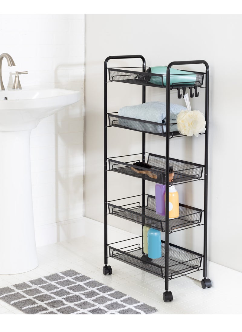 BestStore - 5-Tier Kitchen Storage Basket for Fruit Vegetables and Snacks. Metal Trolley Organizer With Lockable Wheels and Handle Wire Shelves Cart for Room Bathroom - Image 1