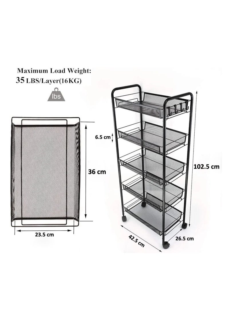 BestStore - 5-Tier Kitchen Storage Basket for Fruit Vegetables and Snacks. Metal Trolley Organizer With Lockable Wheels and Handle Wire Shelves Cart for Room Bathroom - Image 1