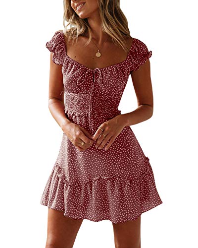 YOBECHO Womens Summer Ruffle Sleeve Sweetheart Neckline Printing Dress Mini Dresses Brick Red - Image 1