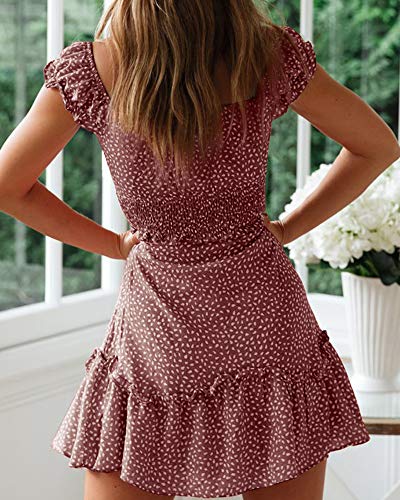 YOBECHO Womens Summer Ruffle Sleeve Sweetheart Neckline Printing Dress Mini Dresses Brick Red - Image 3