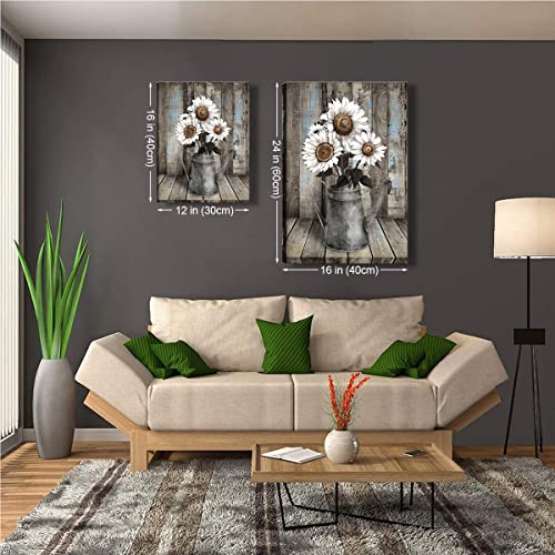 NCYEL Framed Rustic Farmhouse White Sunflower Wall Art Decor for picture print Floral Vintage Wood Grain Canvas Artwork for Living Room Bedroom Bathroom Office Hotel Modern Home 16x24inch - Image 2