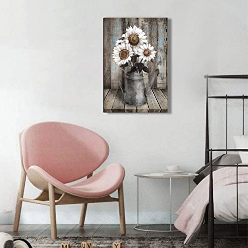 NCYEL Framed Rustic Farmhouse White Sunflower Wall Art Decor for picture print Floral Vintage Wood Grain Canvas Artwork for Living Room Bedroom Bathroom Office Hotel Modern Home 16x24inch - Image 4