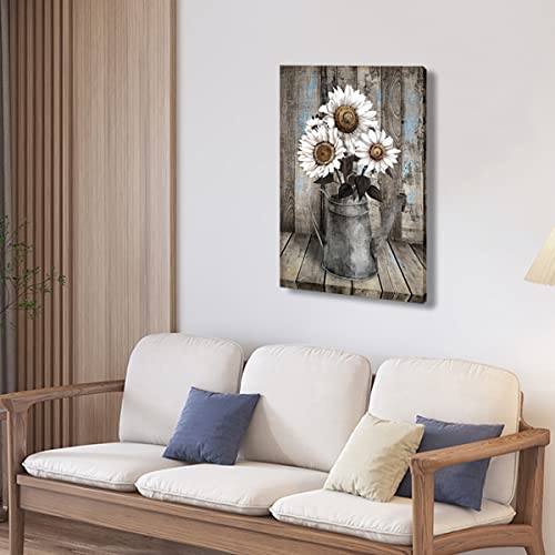 NCYEL Framed Rustic Farmhouse White Sunflower Wall Art Decor for picture print Floral Vintage Wood Grain Canvas Artwork for Living Room Bedroom Bathroom Office Hotel Modern Home 16x24inch - Image 3