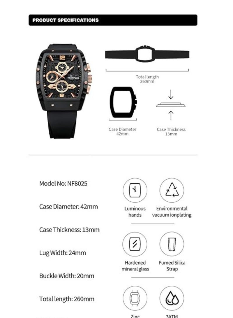 NAVIFORCE Waterproof Chronograph Sport Watch for Men, with Auto Date Quartz Wrist Watch, Colorful Silicone Band NF8025 - Image 5