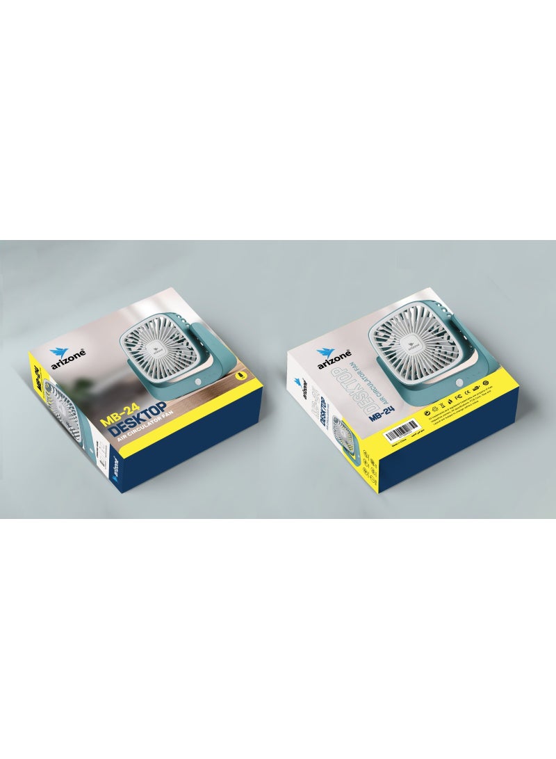 أريزون مروحة تهوية مكتبية من أريزونا طراز MB-24، قابلة لإعادة الشحن عبر منفذ USB، بثلاث سرعات، ورياح قابلة للتعديل، وتشغيل هادئ، وحجم صغير محمول. - Image 2