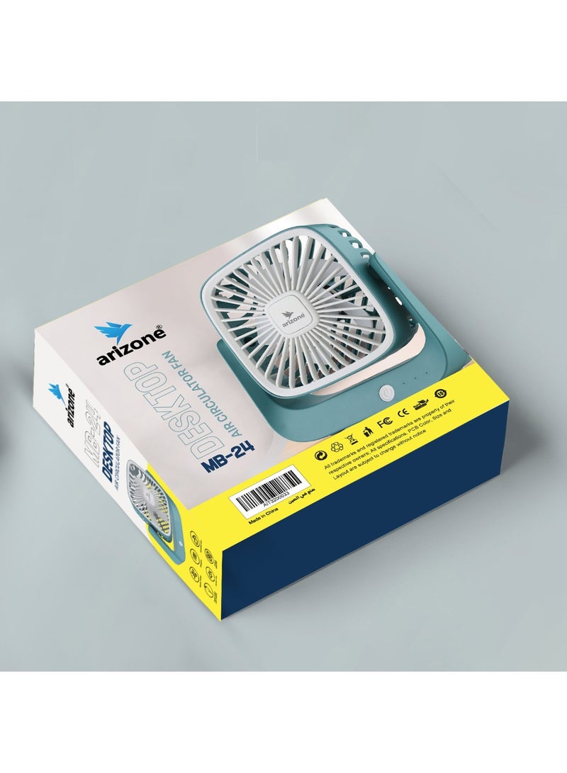 أريزون مروحة تهوية مكتبية من أريزونا طراز MB-24، قابلة لإعادة الشحن عبر منفذ USB، بثلاث سرعات، ورياح قابلة للتعديل، وتشغيل هادئ، وحجم صغير محمول. - Image 5