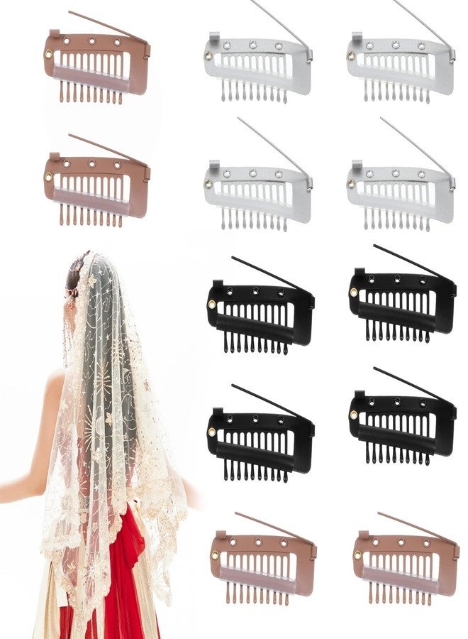 Qulkws 12 PCS Chunni Clips with Safety Pins, 3 Colors Invisible Strong Wig Combs, Multifunction10-Teeth Snap Clips for Wig Headscarf Hair Extension, Color 2 - Image 1
