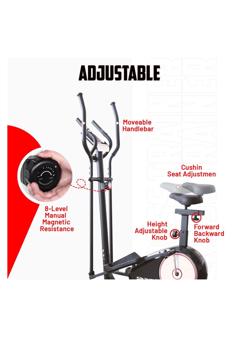 Sparnod Fitness Sparnod Fitness SET-41 مدرب بيضاوي الشكل: دولاب الموازنة 5 كجم، مقاومة مغناطيسية 8 مستويات، شاشة LCD، رؤى معدل ضربات القلب، مقعد قابل للتعديل، عجلات النقل أقصى وزن للمستخدم: 100 كجم  - Image 5