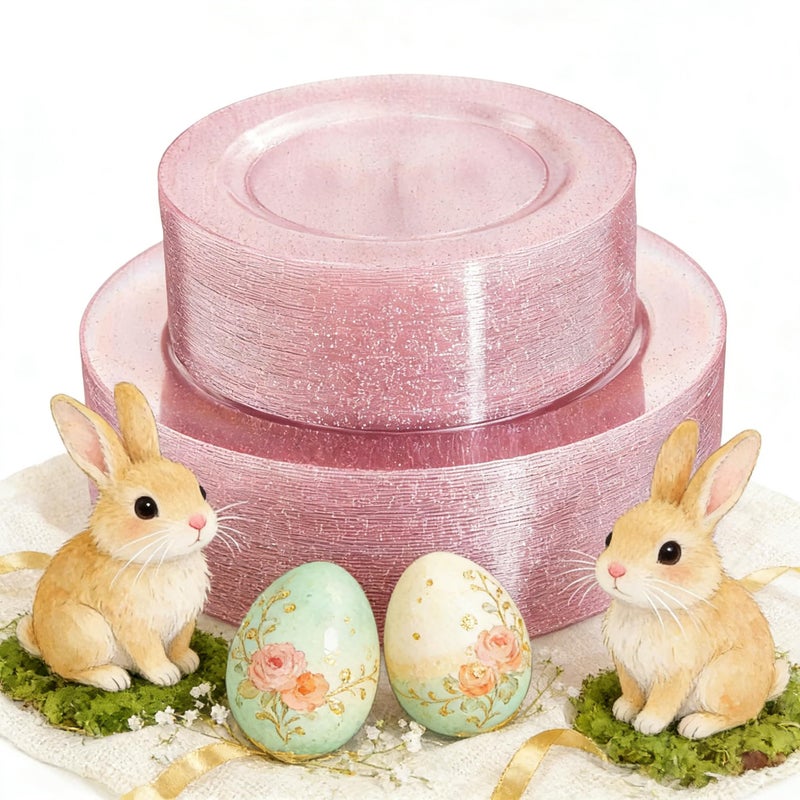 WDF 120pcs Pink Plastic Plates Disposable - Clear Pink Glitter Plates including 60PCS Dinner Plates 10.25inch and 60PCS Salad Plates 7.5inch for Wedding Baby Shower Spring Birthday - Image 1