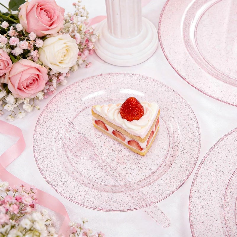 WDF 120pcs Pink Plastic Plates Disposable - Clear Pink Glitter Plates including 60PCS Dinner Plates 10.25inch and 60PCS Salad Plates 7.5inch for Wedding Baby Shower Spring Birthday - Image 2