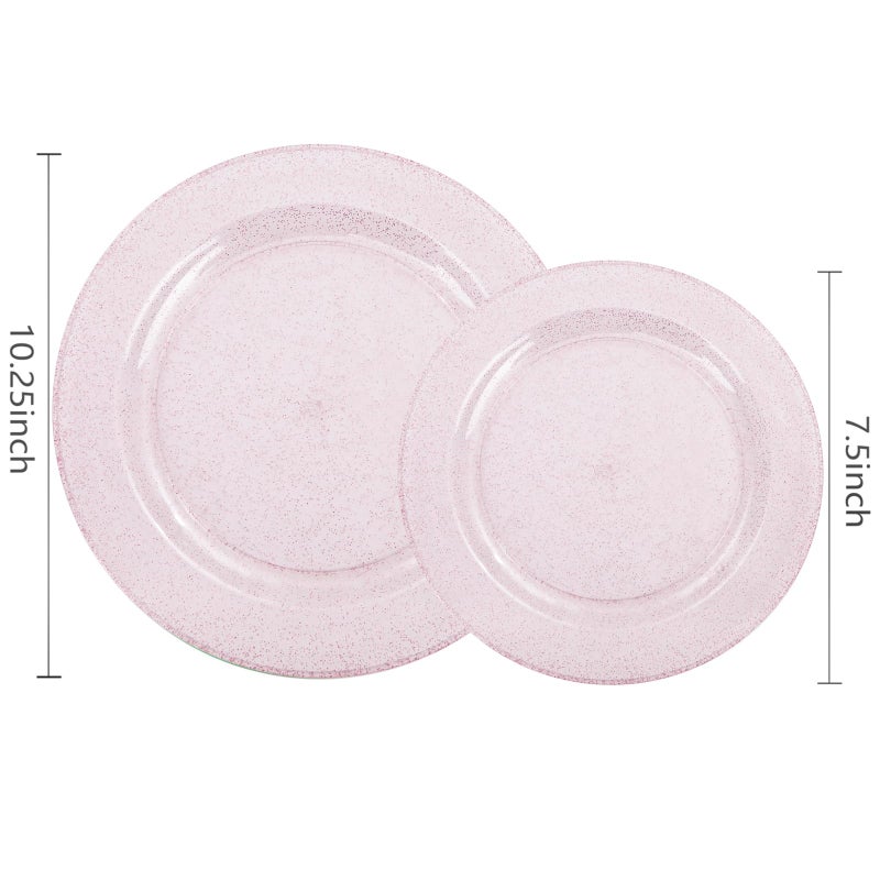 WDF 120pcs Pink Plastic Plates Disposable - Clear Pink Glitter Plates including 60PCS Dinner Plates 10.25inch and 60PCS Salad Plates 7.5inch for Wedding Baby Shower Spring Birthday - Image 3