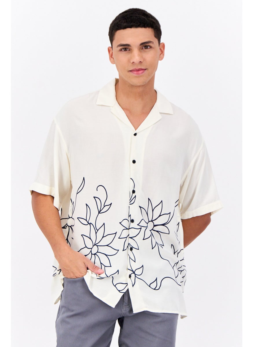 Jack Jones Men Regular Fit Floral Print Short Sleeves Casual Shirt, Cream  - Image 1