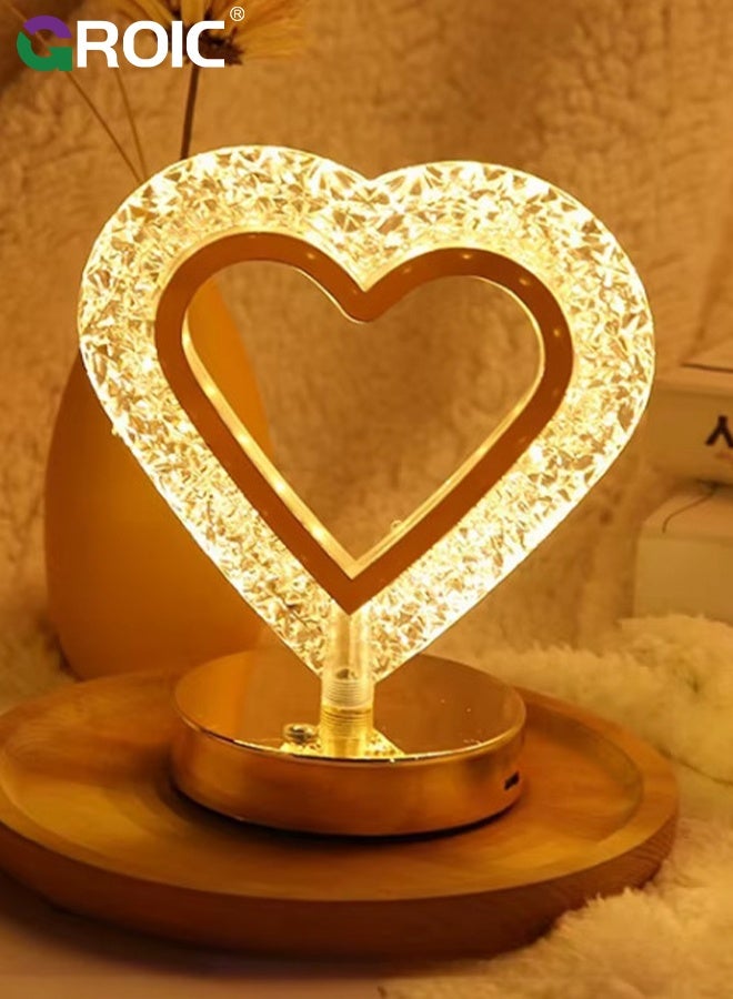 GROIC Love Heart Crystal Lamp -  Touch Control with USB Ports 3-Way Dimmable Nightstand Touch Lamp, Bedside Table Lamp for Bedroom - Image 1