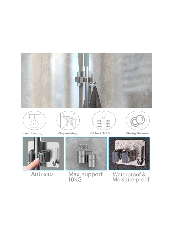 Green Tiger Mop Broom Holder, 4 Pcs No Drill Wall Mounted Hanger with Heavy Duty Hooks, Multi-Purpose Cleaning Tool Organizer for Bathroom, Closet and Garage Storage - Image 3