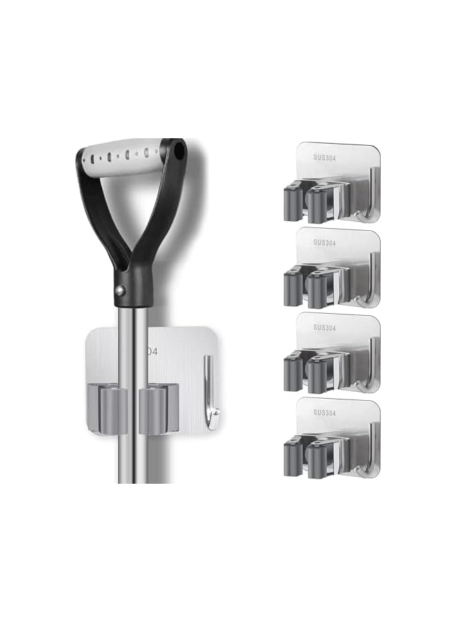 Green Tiger Mop Broom Holder, 4 Pcs No Drill Wall Mounted Hanger with Heavy Duty Hooks, Multi-Purpose Cleaning Tool Organizer for Bathroom, Closet and Garage Storage - Image 2