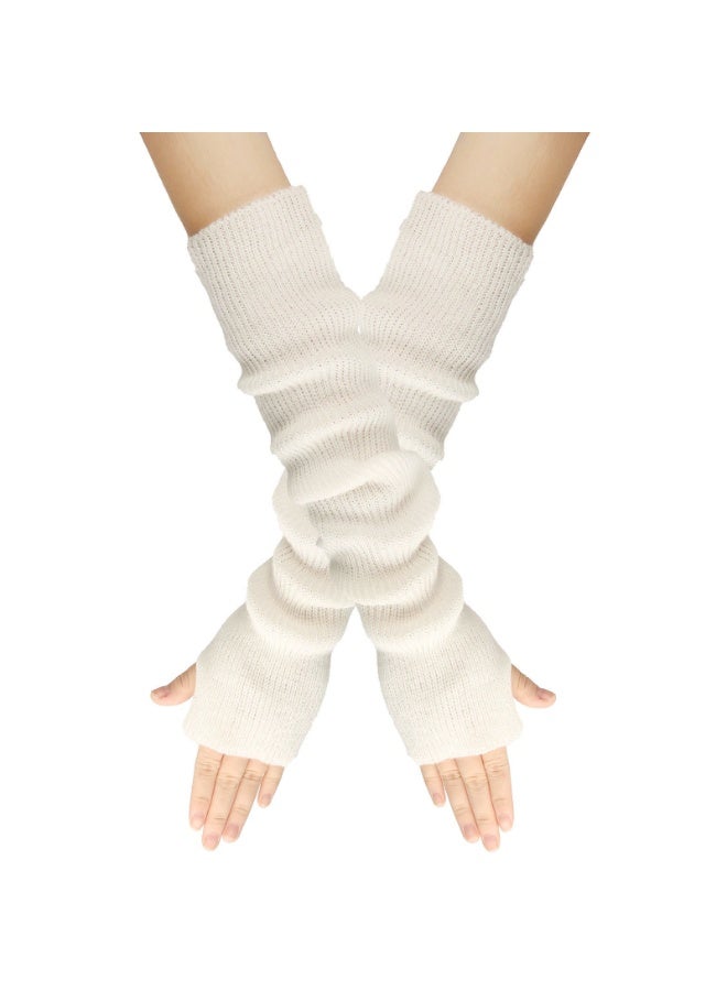 Women Girls Knit Cashmere Blend Gloves Long Arm Warmers Elbow Warmers Fingerless Mittens with Thumb Hole - Image 1