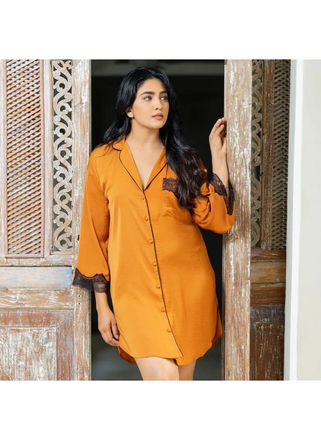 Aadaraya Aadaraya Sateen Sleepshirt with Long Sleeves and Lace Detail