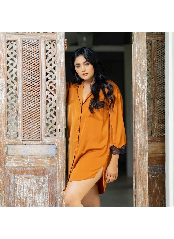 Aadaraya Aadaraya Sateen Sleepshirt with Long Sleeves and Lace Detail
