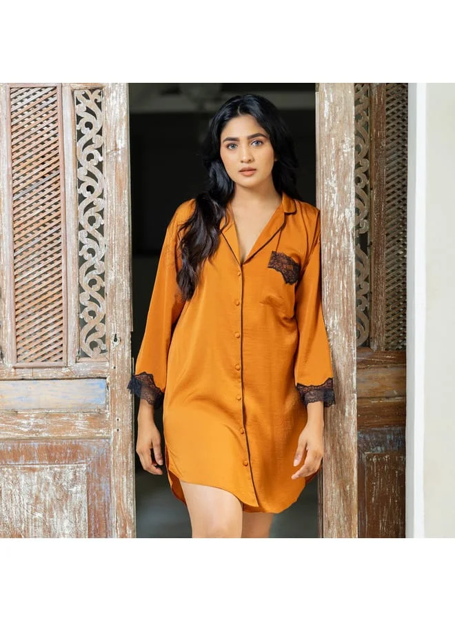 Aadaraya Aadaraya Sateen Sleepshirt with Long Sleeves and Lace Detail