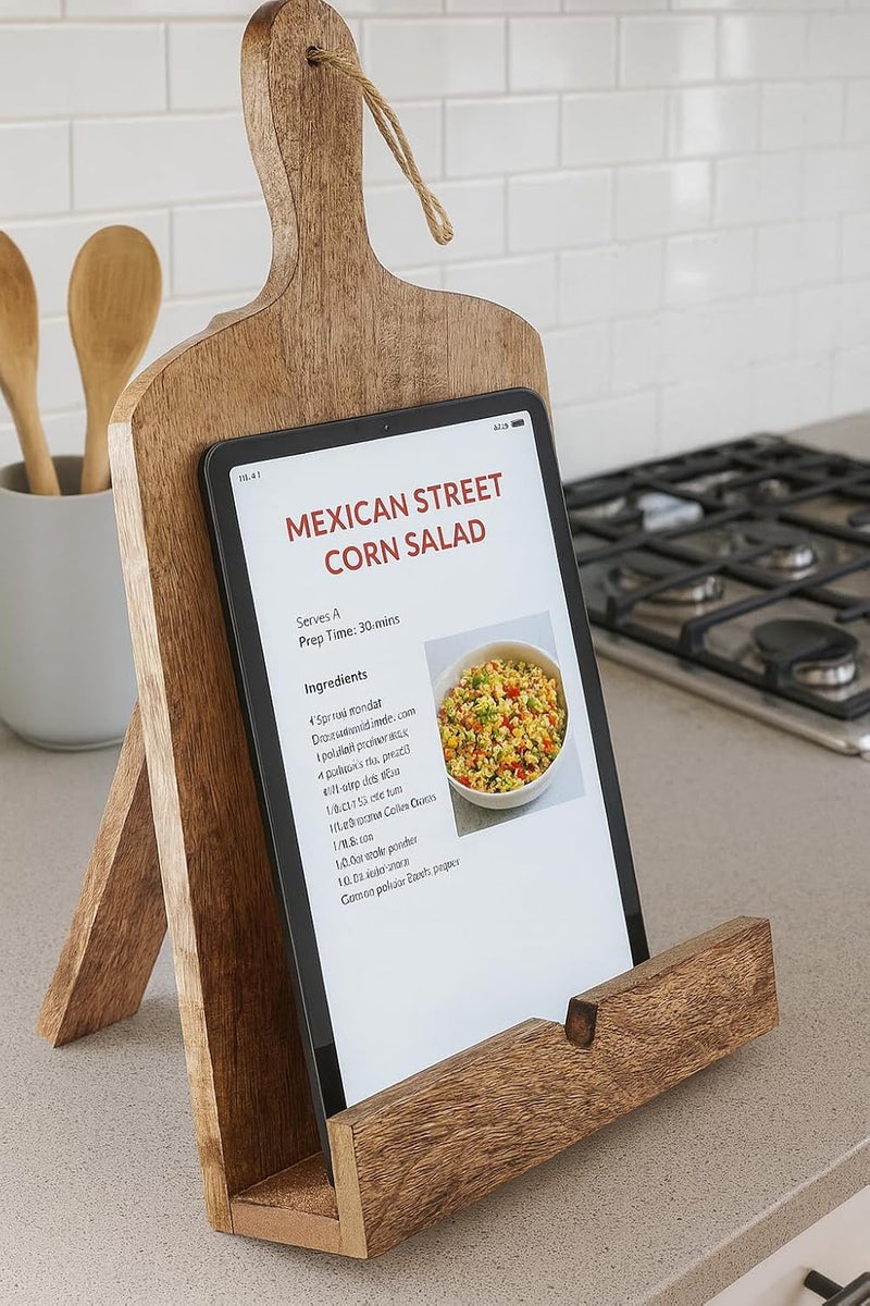 Eximious India Christmas Gifts Wooden Cookbook Stand for Kitchen Counter Recipie Book Holder for Cooking, Solid Wood Chopping Board Style Foldable and Durable Recipe Holder for Tablets and Cookbooks (Brown) - Image 3