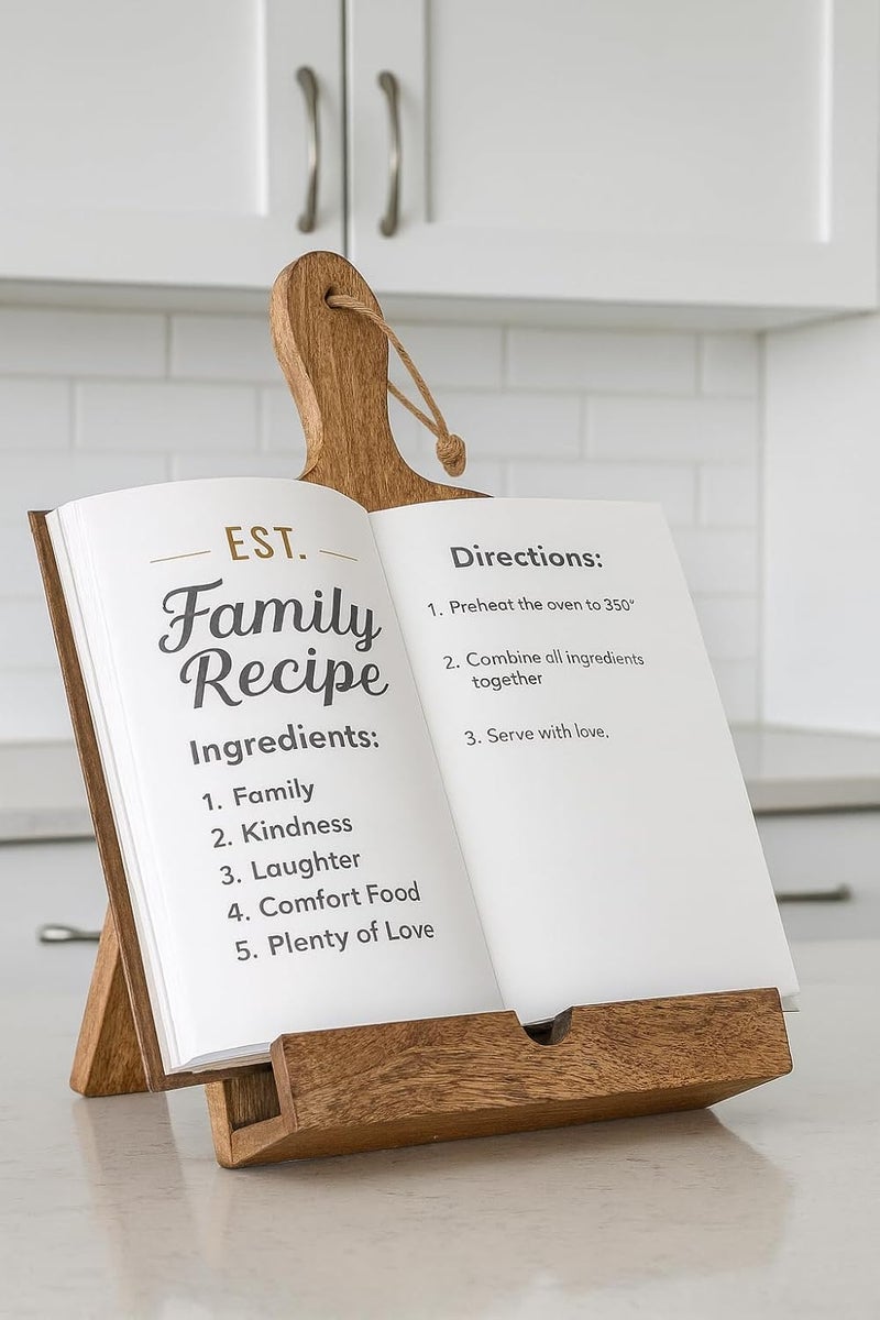 Eximious India Christmas Gifts Wooden Cookbook Stand for Kitchen Counter Recipie Book Holder for Cooking, Solid Wood Chopping Board Style Foldable and Durable Recipe Holder for Tablets and Cookbooks (Brown) - Image 2