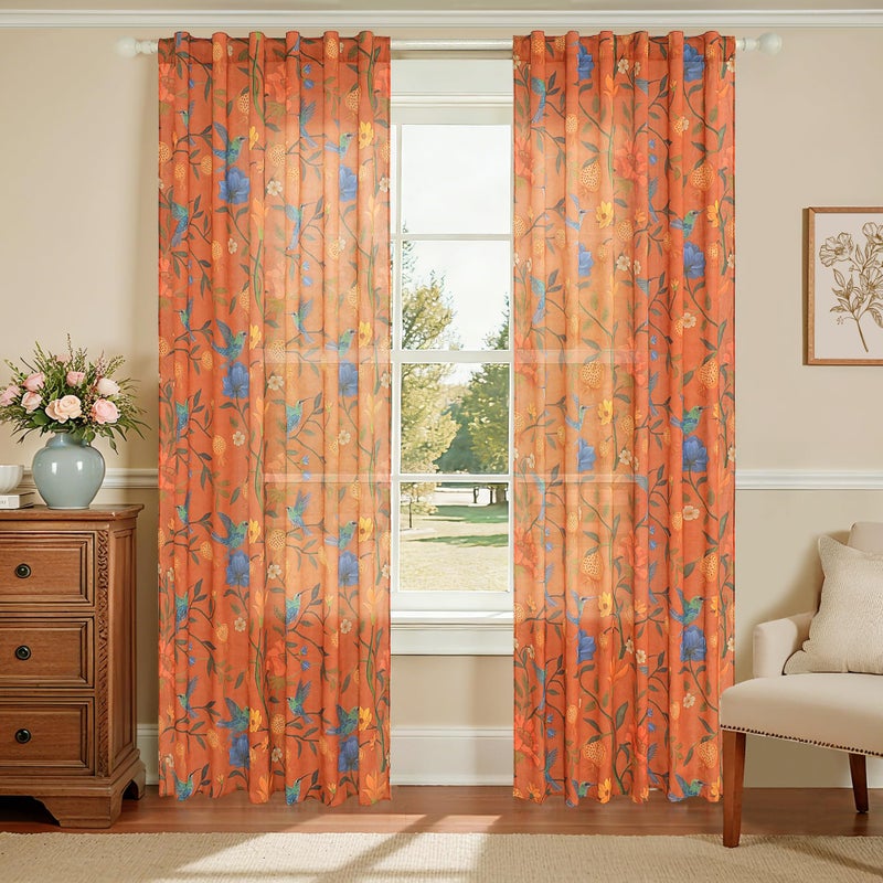 JOOJA Bird Floral Curtains 2 Panels 63 Inches Long Vintage Boho Patterned Terracotta Whimsical Living Room Colorful Linen Blend Printed Window Curtains for Bedroom Kitchen - Image 1