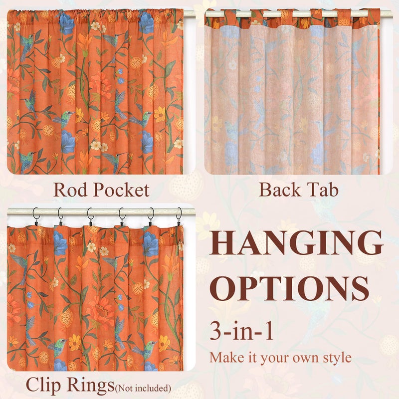 JOOJA Bird Floral Curtains 2 Panels 63 Inches Long Vintage Boho Patterned Terracotta Whimsical Living Room Colorful Linen Blend Printed Window Curtains for Bedroom Kitchen - Image 4