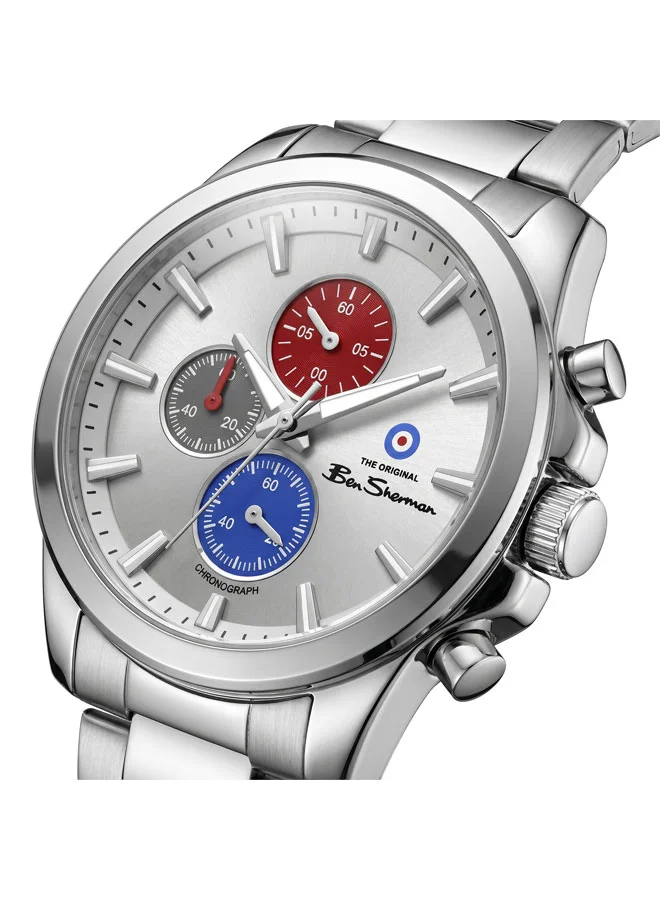 بين شيرمان Oxford Silver Dial Stainless Steel Bracelet Chronograph Watch for Men, 44mm