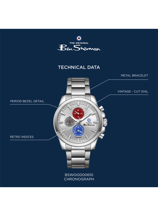 Ben Sherman Silver Oxford Silver Dial Stainless Steel Bracelet Chronograph Watch for Men, 44mm for Men | Best Price UAE