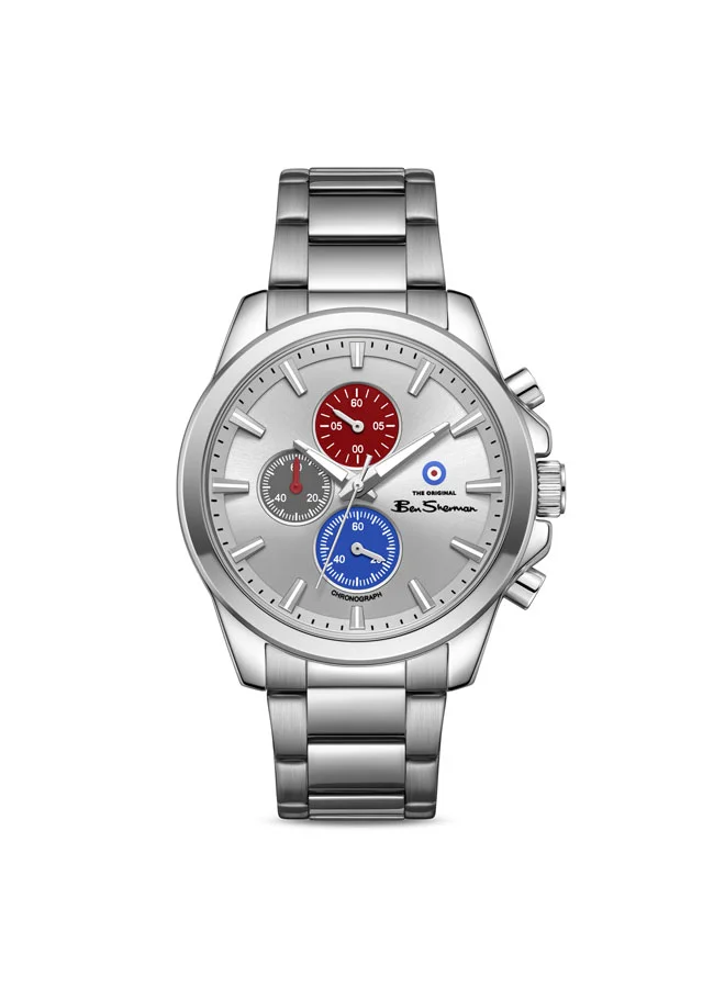 بين شيرمان Oxford Silver Dial Stainless Steel Bracelet Chronograph Watch for Men, 44mm