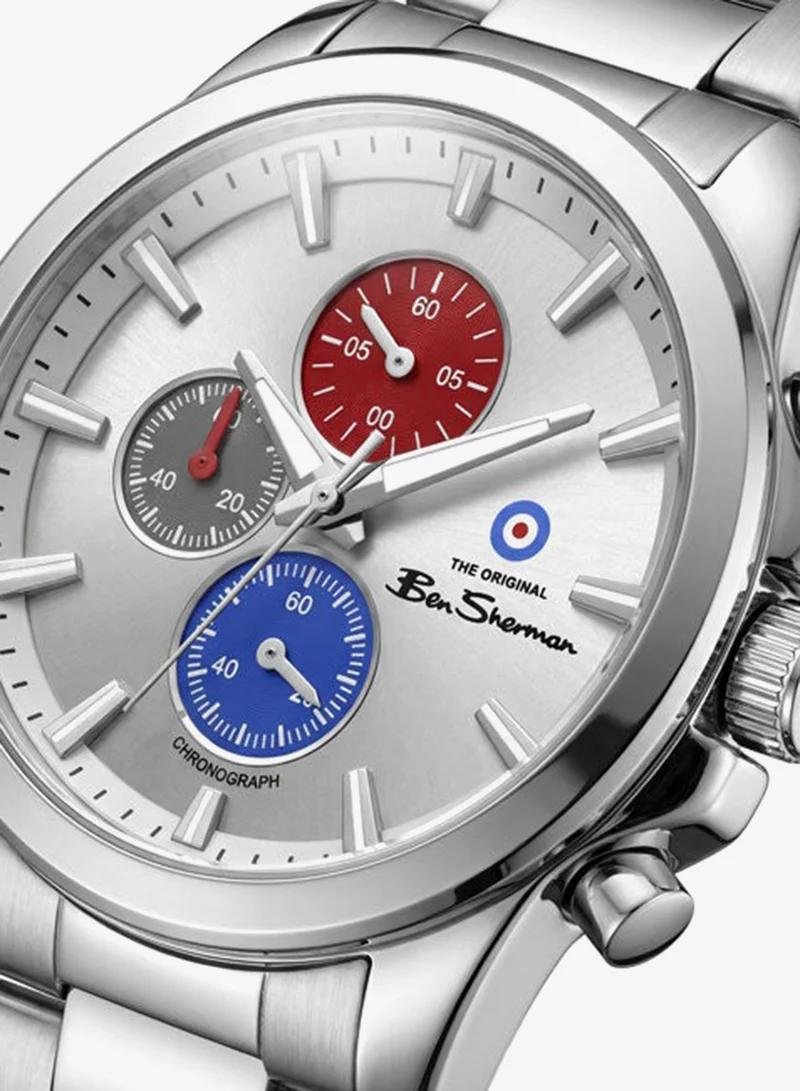 Ben Sherman Oxford Silver Dial Stainless Steel Bracelet Chronograph Watch for Men, 44mm