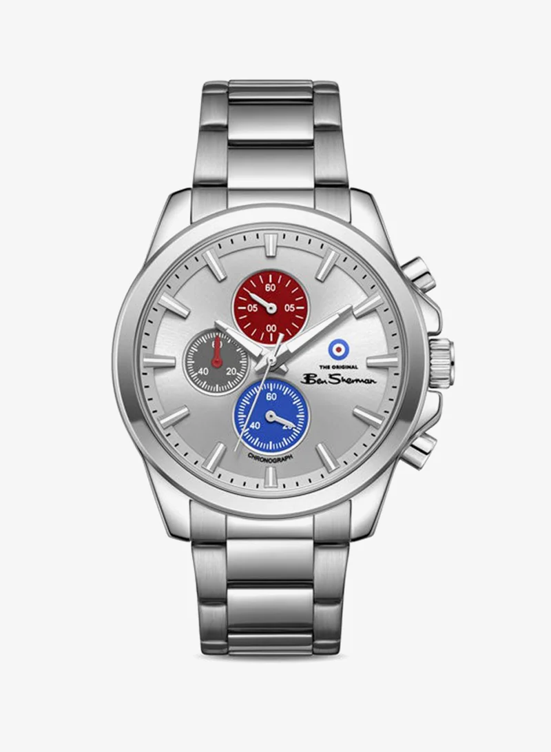 Ben Sherman Oxford Silver Dial Stainless Steel Bracelet Chronograph Watch for Men, 44mm