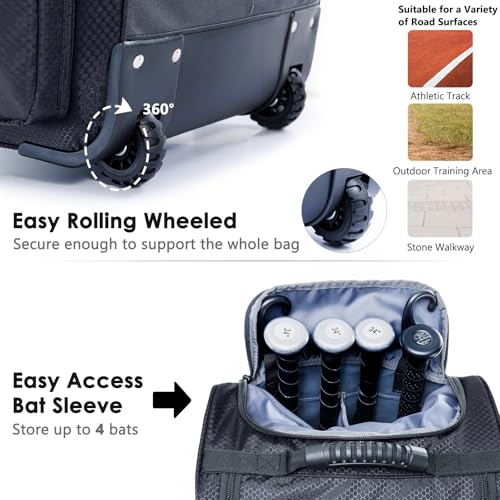 VIGEGARI Large Baseball Bag with Wheels for 4 Bats - Softball Bag with Fence Hook for T-Ball Bat & Equipment, Black, Large with wheels - Image 3