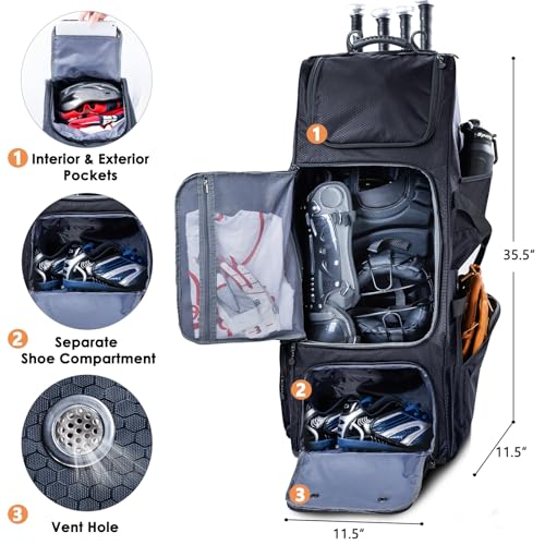 VIGEGARI Large Baseball Bag with Wheels for 4 Bats - Softball Bag with Fence Hook for T-Ball Bat & Equipment, Black, Large with wheels - Image 5