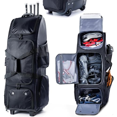 VIGEGARI Large Baseball Bag with Wheels for 4 Bats - Softball Bag with Fence Hook for T-Ball Bat & Equipment, Black, Large with wheels - Image 1