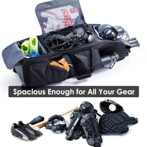 VIGEGARI Large Baseball Bag with Wheels for 4 Bats - Softball Bag with Fence Hook for T-Ball Bat & Equipment, Black, Large with wheels - Image 2