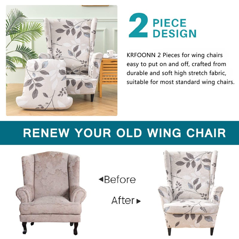 KRFOONN Wingback Chair Covers Slipcovers 2 Piece Stretch Wing Chair Covers Spandex Slipcovers Wingback Sofa Cover Armchair Covers Non-Slip Furniture Protector for Living Room Wingback Chairs, A13 - Image 4