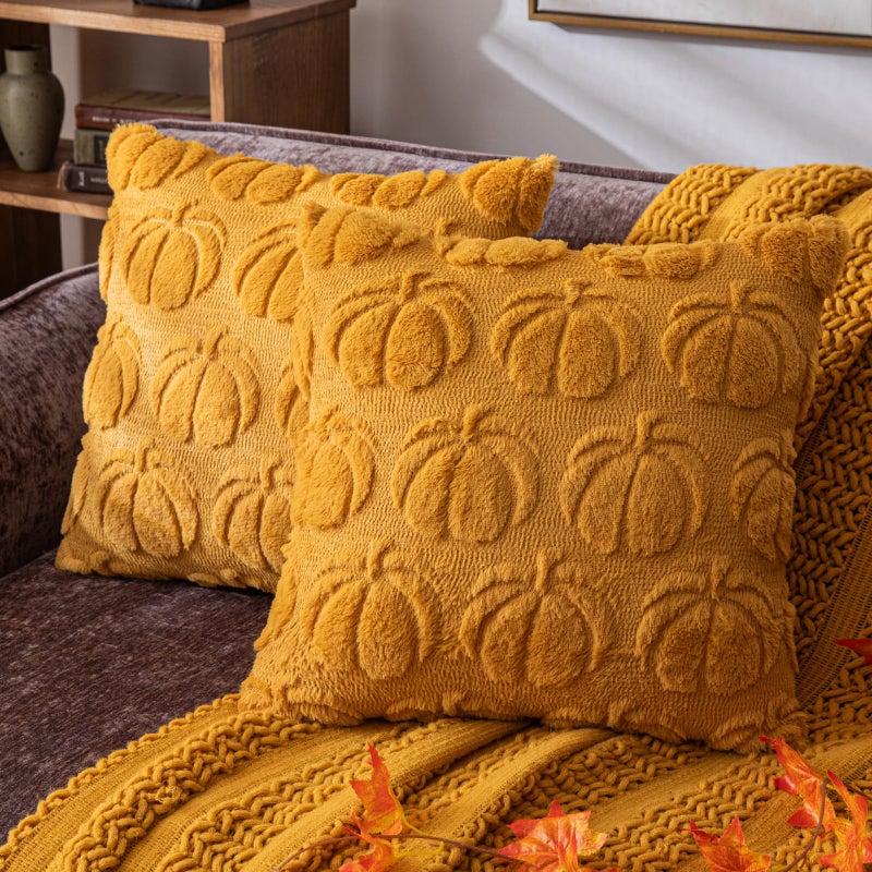 Cosibono Pumpkin Fall Decorative Covative Covers 20 "X20" مجموعة من 2 خردل من أغطية وسادة الفراء الناعمة الناعمة لحصاد الخريف رقيقة وفخمة وسادة لزرارة عيد الهالوين ديكور - Image 1