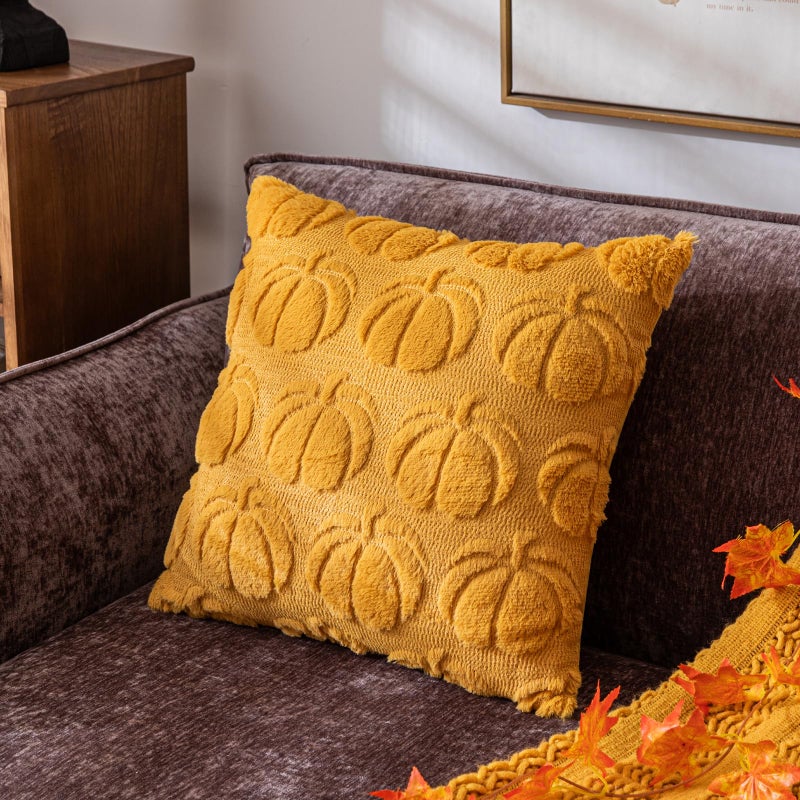 Cosibono Pumpkin Fall Decorative Covative Covers 20 "X20" مجموعة من 2 خردل من أغطية وسادة الفراء الناعمة الناعمة لحصاد الخريف رقيقة وفخمة وسادة لزرارة عيد الهالوين ديكور - Image 5