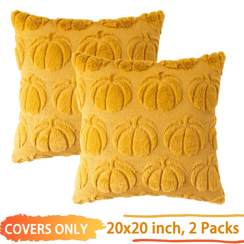 Cosibono Pumpkin Fall Decorative Covative Covers 20 "X20" مجموعة من 2 خردل من أغطية وسادة الفراء الناعمة الناعمة لحصاد الخريف رقيقة وفخمة وسادة لزرارة عيد الهالوين ديكور - Image 4