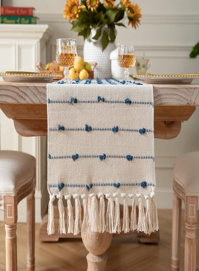 Caflife Boho Table Runner 72 Inchs Long for Modern Farmhouse Room Home Decor, Blue and Beige Coffee Table Runner, Natural Cotton Woven with Tassels Neutral, for Kitchen Dining Table Decor - Image 1