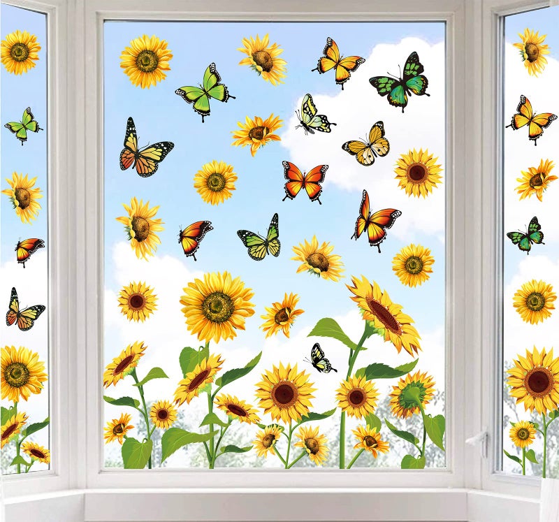 Whaline 6 Sheets Sunflower Window Clings Spring Flower Butterfly Window Stickers AntiCollision Window Cling Decals for Home Kid Room Classroom Decor Baby Shower Birthday Party Supplies